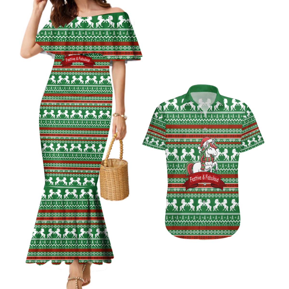 Unicorn Festive Fabulous Christmas Couples Matching Mermaid Dress and Hawaiian Shirt Xmas Holiday Patterns - Wonder Print Shop