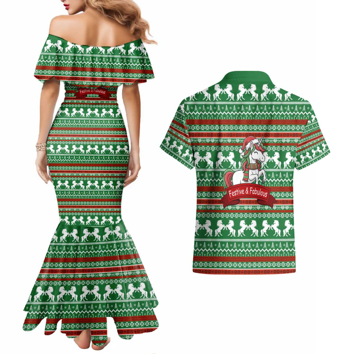 Unicorn Festive Fabulous Christmas Couples Matching Mermaid Dress and Hawaiian Shirt Xmas Holiday Patterns - Wonder Print Shop
