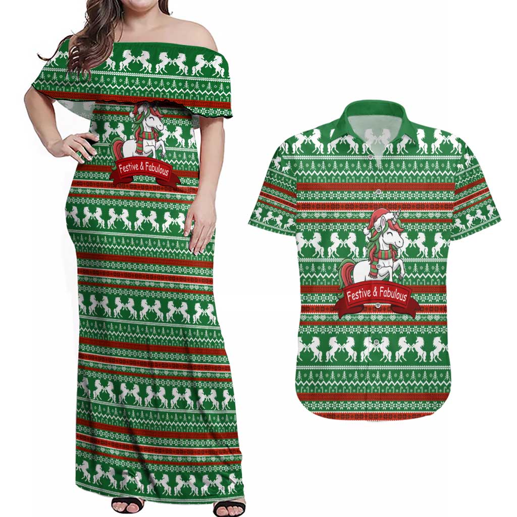 Unicorn Festive Fabulous Christmas Couples Matching Off Shoulder Maxi Dress and Hawaiian Shirt Xmas Holiday Patterns - Wonder Print Shop