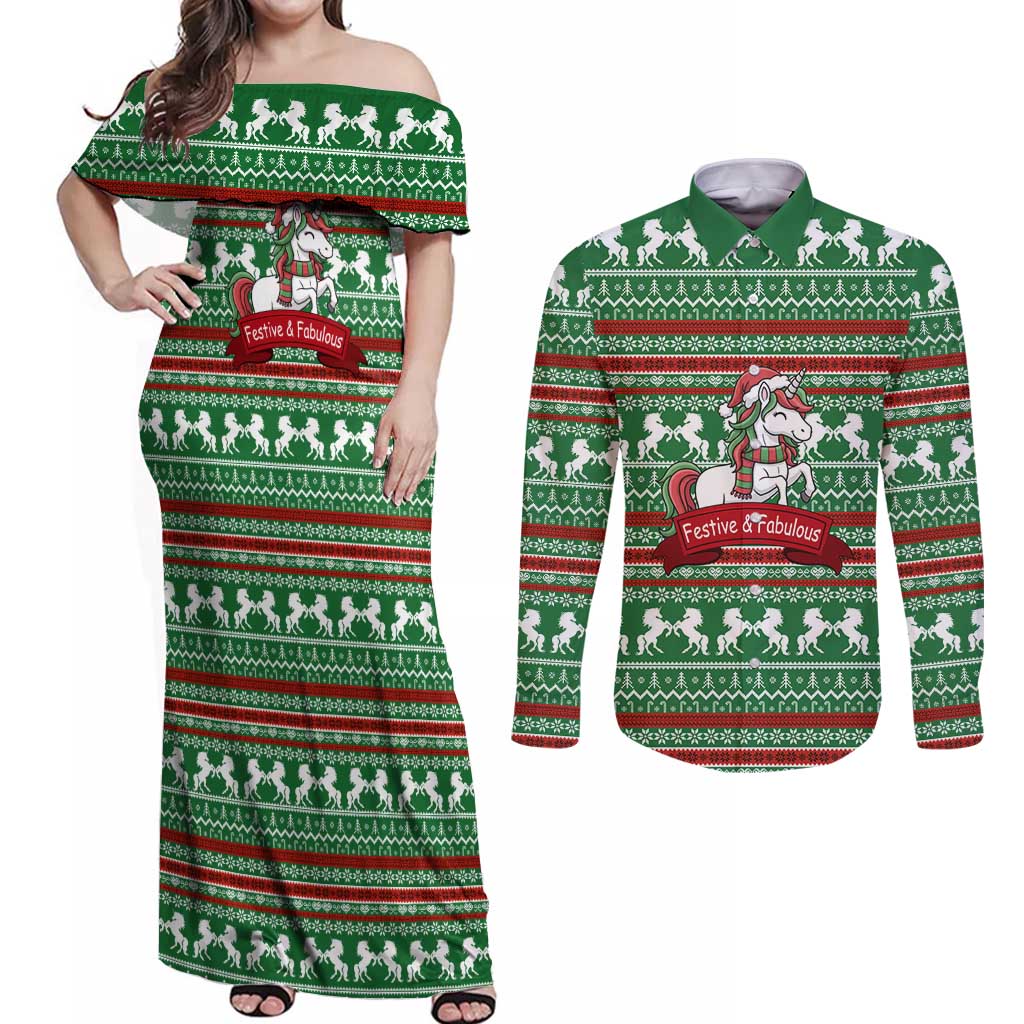 Unicorn Festive Fabulous Christmas Couples Matching Off Shoulder Maxi Dress and Long Sleeve Button Shirt Xmas Holiday Patterns - Wonder Print Shop
