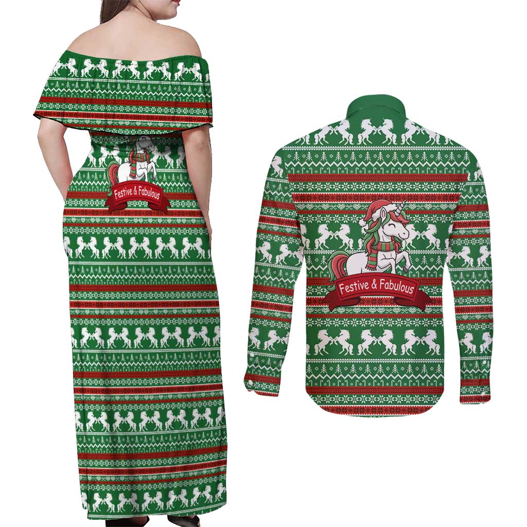 Unicorn Festive Fabulous Christmas Couples Matching Off Shoulder Maxi Dress and Long Sleeve Button Shirt Xmas Holiday Patterns - Wonder Print Shop
