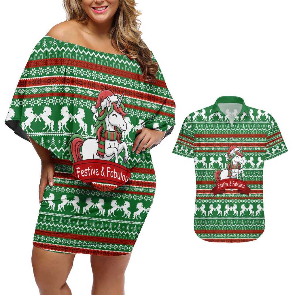 Unicorn Festive Fabulous Christmas Couples Matching Off Shoulder Short Dress and Hawaiian Shirt Xmas Holiday Patterns - Wonder Print Shop