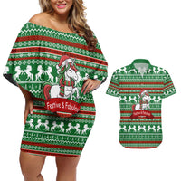 Unicorn Festive Fabulous Christmas Couples Matching Off Shoulder Short Dress and Hawaiian Shirt Xmas Holiday Patterns - Wonder Print Shop