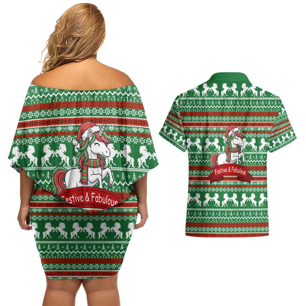 Unicorn Festive Fabulous Christmas Couples Matching Off Shoulder Short Dress and Hawaiian Shirt Xmas Holiday Patterns - Wonder Print Shop