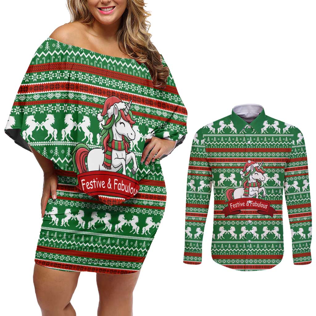 Unicorn Festive Fabulous Christmas Couples Matching Off Shoulder Short Dress and Long Sleeve Button Shirt Xmas Holiday Patterns - Wonder Print Shop
