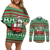 Unicorn Festive Fabulous Christmas Couples Matching Off Shoulder Short Dress and Long Sleeve Button Shirt Xmas Holiday Patterns - Wonder Print Shop
