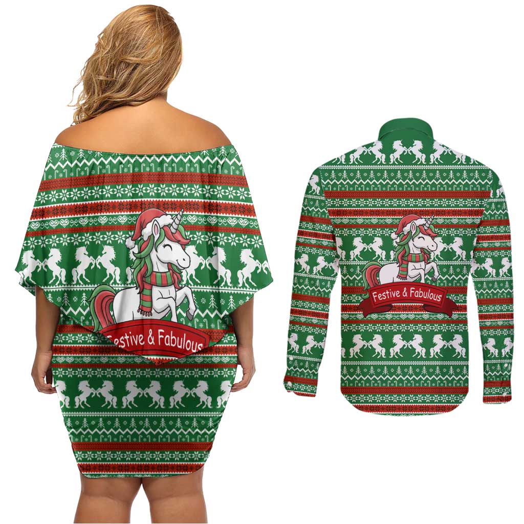 Unicorn Festive Fabulous Christmas Couples Matching Off Shoulder Short Dress and Long Sleeve Button Shirt Xmas Holiday Patterns - Wonder Print Shop
