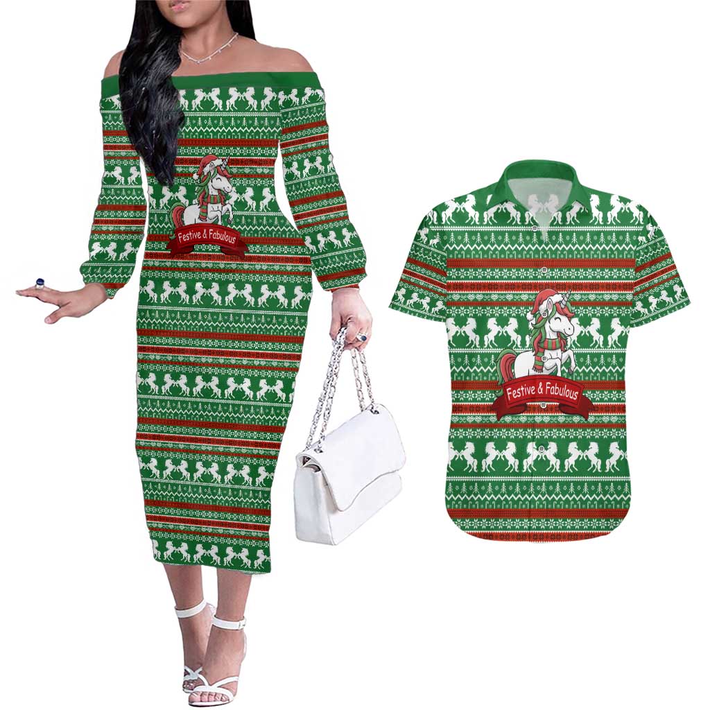 Unicorn Festive Fabulous Christmas Couples Matching Off The Shoulder Long Sleeve Dress and Hawaiian Shirt Xmas Holiday Patterns - Wonder Print Shop
