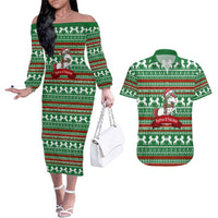 Unicorn Festive Fabulous Christmas Couples Matching Off The Shoulder Long Sleeve Dress and Hawaiian Shirt Xmas Holiday Patterns - Wonder Print Shop