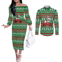 Unicorn Festive Fabulous Christmas Couples Matching Off The Shoulder Long Sleeve Dress and Long Sleeve Button Shirt Xmas Holiday Patterns - Wonder Print Shop
