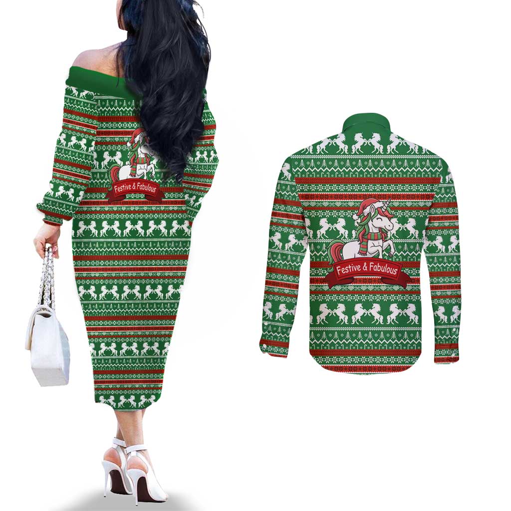 Unicorn Festive Fabulous Christmas Couples Matching Off The Shoulder Long Sleeve Dress and Long Sleeve Button Shirt Xmas Holiday Patterns - Wonder Print Shop