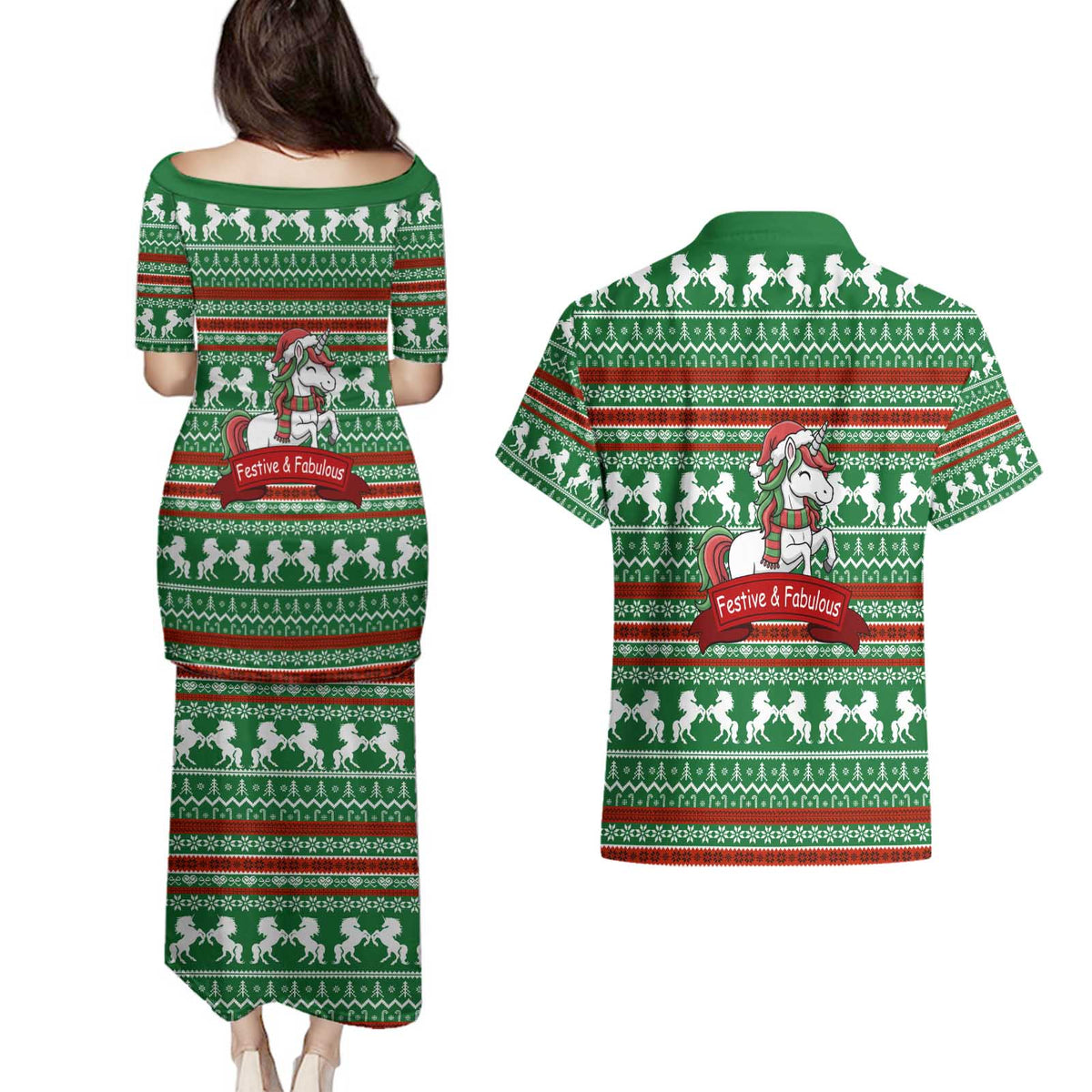 Unicorn Festive Fabulous Christmas Couples Matching Puletasi and Hawaiian Shirt Xmas Holiday Patterns - Wonder Print Shop