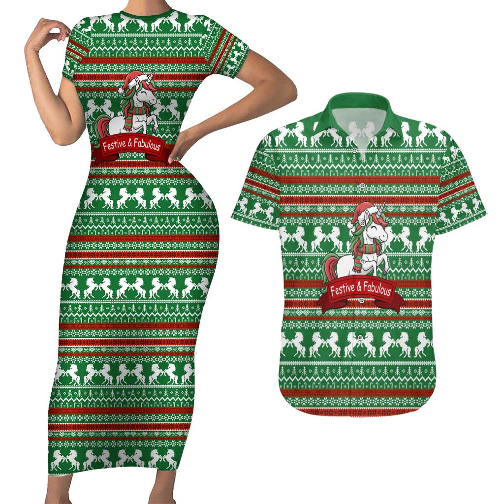 Unicorn Festive Fabulous Christmas Couples Matching Short Sleeve Bodycon Dress and Hawaiian Shirt Xmas Holiday Patterns - Wonder Print Shop