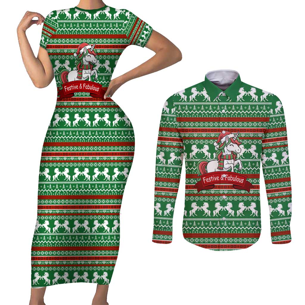 Unicorn Festive Fabulous Christmas Couples Matching Short Sleeve Bodycon Dress and Long Sleeve Button Shirt Xmas Holiday Patterns - Wonder Print Shop