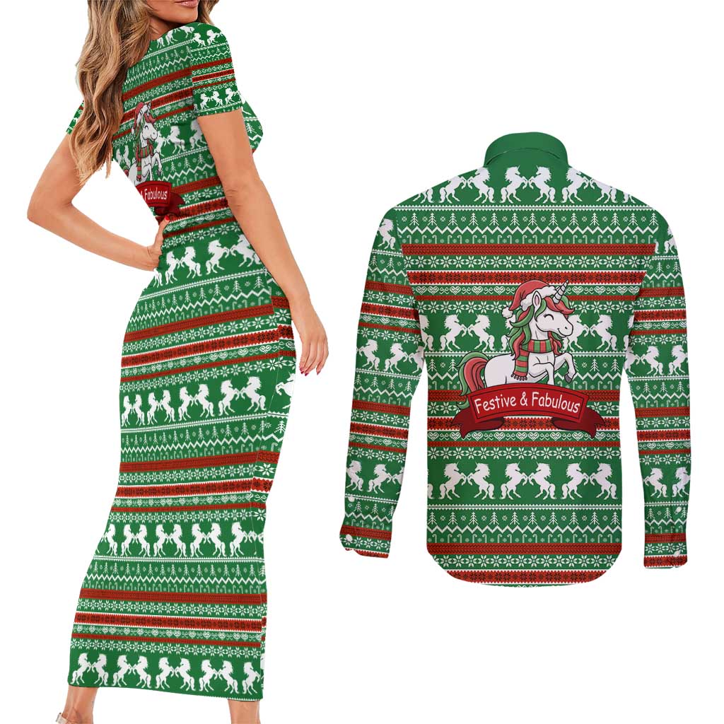 Unicorn Festive Fabulous Christmas Couples Matching Short Sleeve Bodycon Dress and Long Sleeve Button Shirt Xmas Holiday Patterns - Wonder Print Shop
