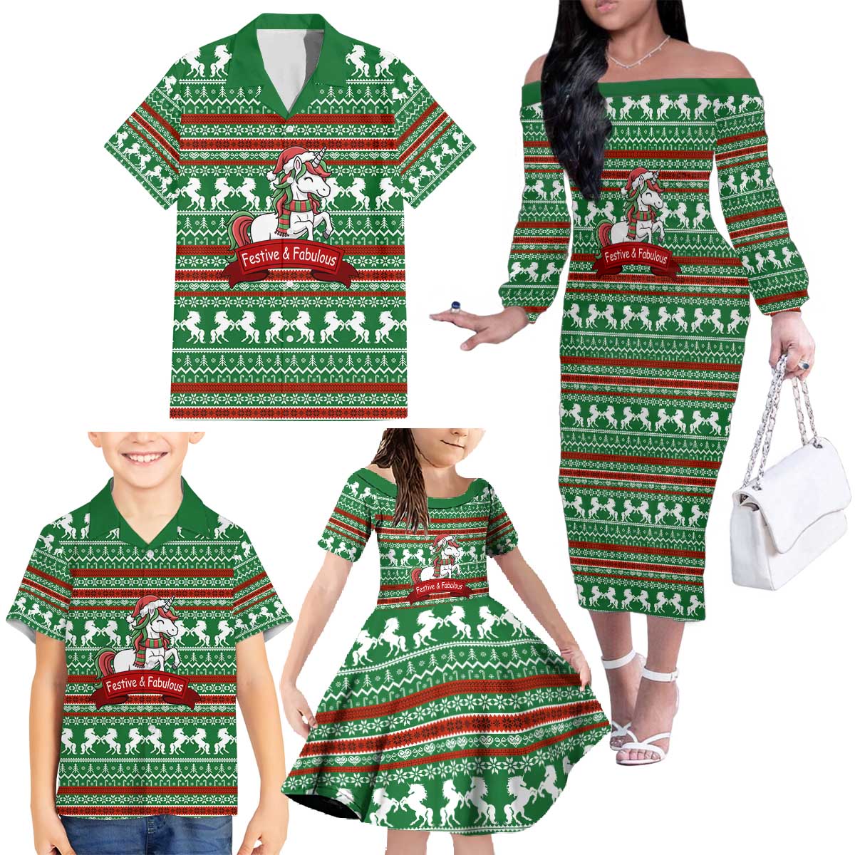 Unicorn Festive Fabulous Christmas Family Matching Off The Shoulder Long Sleeve Dress and Hawaiian Shirt Xmas Holiday Patterns - Wonder Print Shop