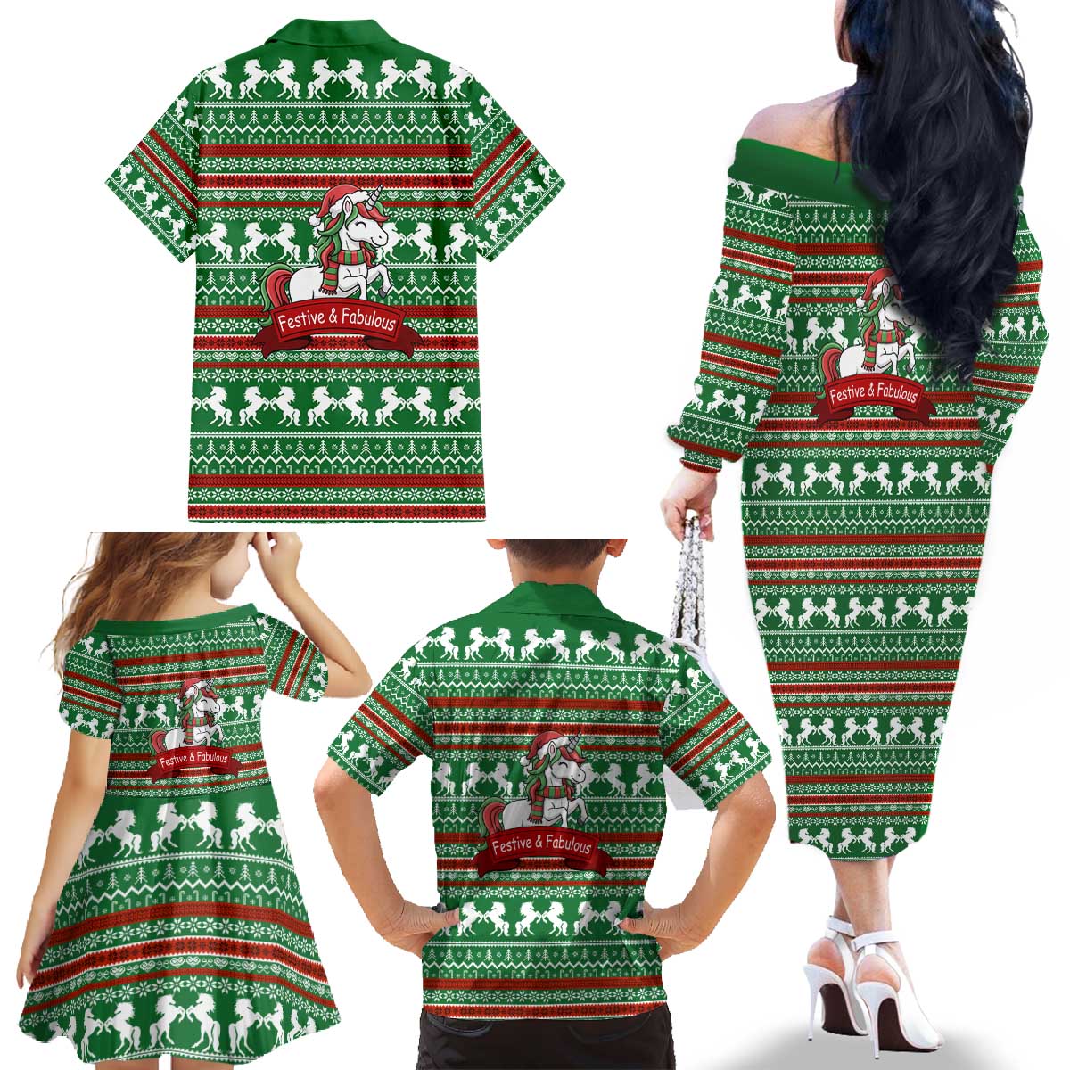 Unicorn Festive Fabulous Christmas Family Matching Off The Shoulder Long Sleeve Dress and Hawaiian Shirt Xmas Holiday Patterns - Wonder Print Shop