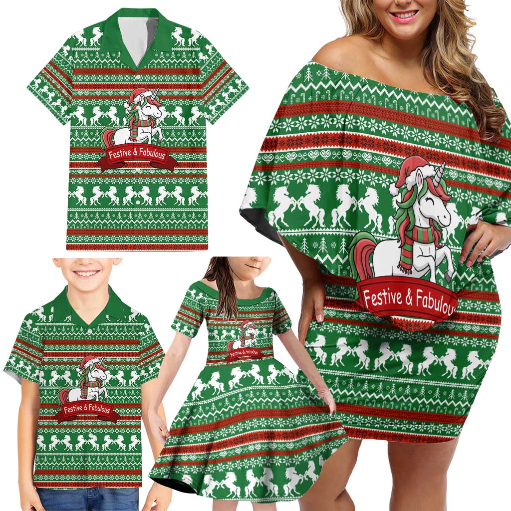 Unicorn Festive Fabulous Christmas Family Matching Off Shoulder Short Dress and Hawaiian Shirt Xmas Holiday Patterns - Wonder Print Shop