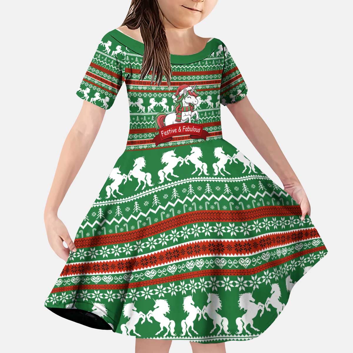 Unicorn Festive Fabulous Christmas Kid Short Sleeve Dress Xmas Holiday Patterns - Wonder Print Shop