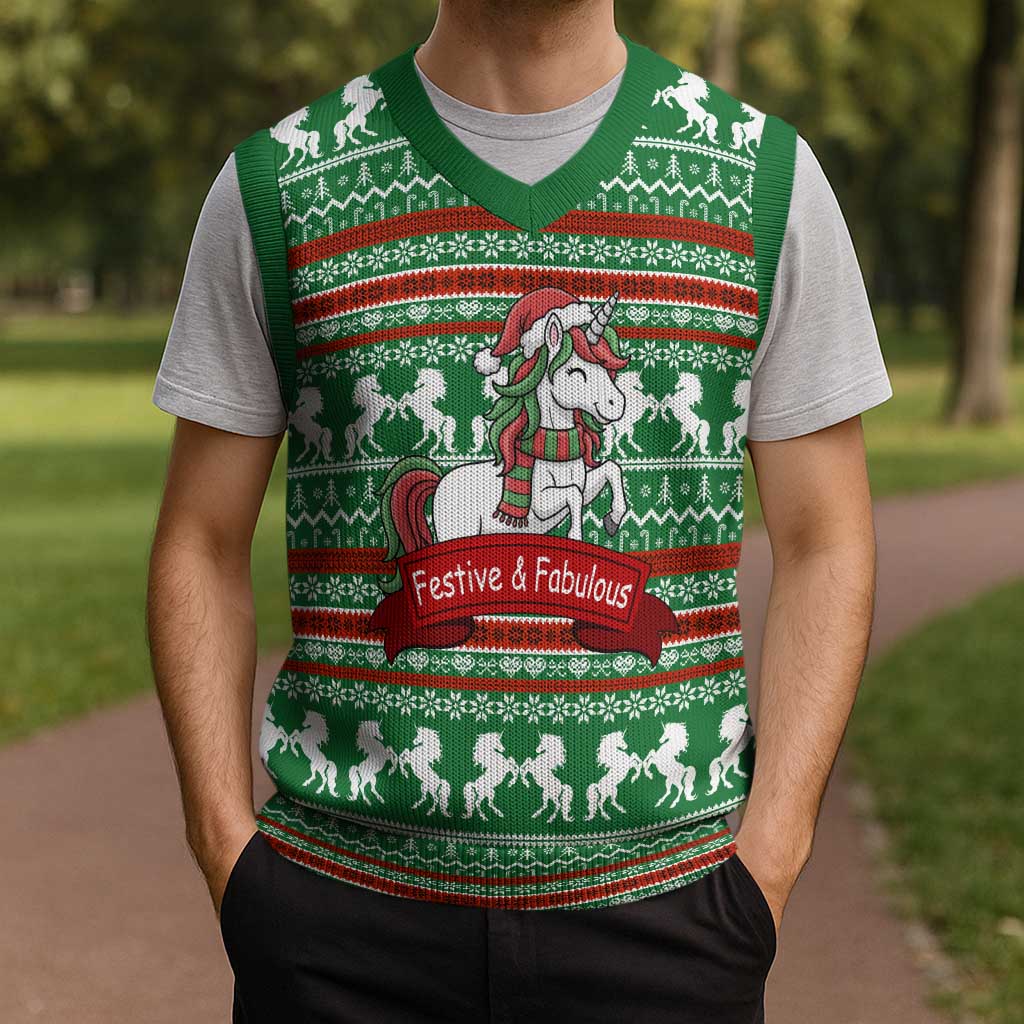 Unicorn Festive Fabulous Christmas Knitted V-Neck Vest Xmas Holiday Patterns - Wonder Print Shop