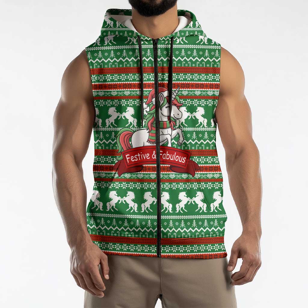 Unicorn Festive Fabulous Christmas Sleeveless Zip Hoodie Xmas Holiday Patterns - Wonder Print Shop