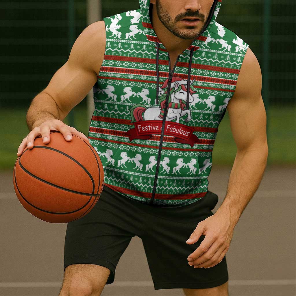 Unicorn Festive Fabulous Christmas Sleeveless Zip Hoodie Xmas Holiday Patterns - Wonder Print Shop
