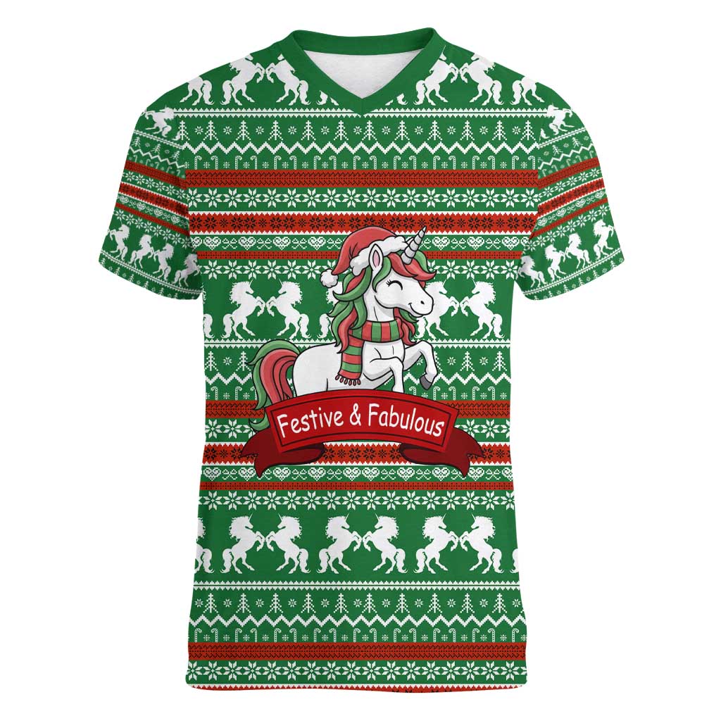 Unicorn Festive Fabulous Christmas Women V-Neck T-Shirt Xmas Holiday Patterns - Wonder Print Shop
