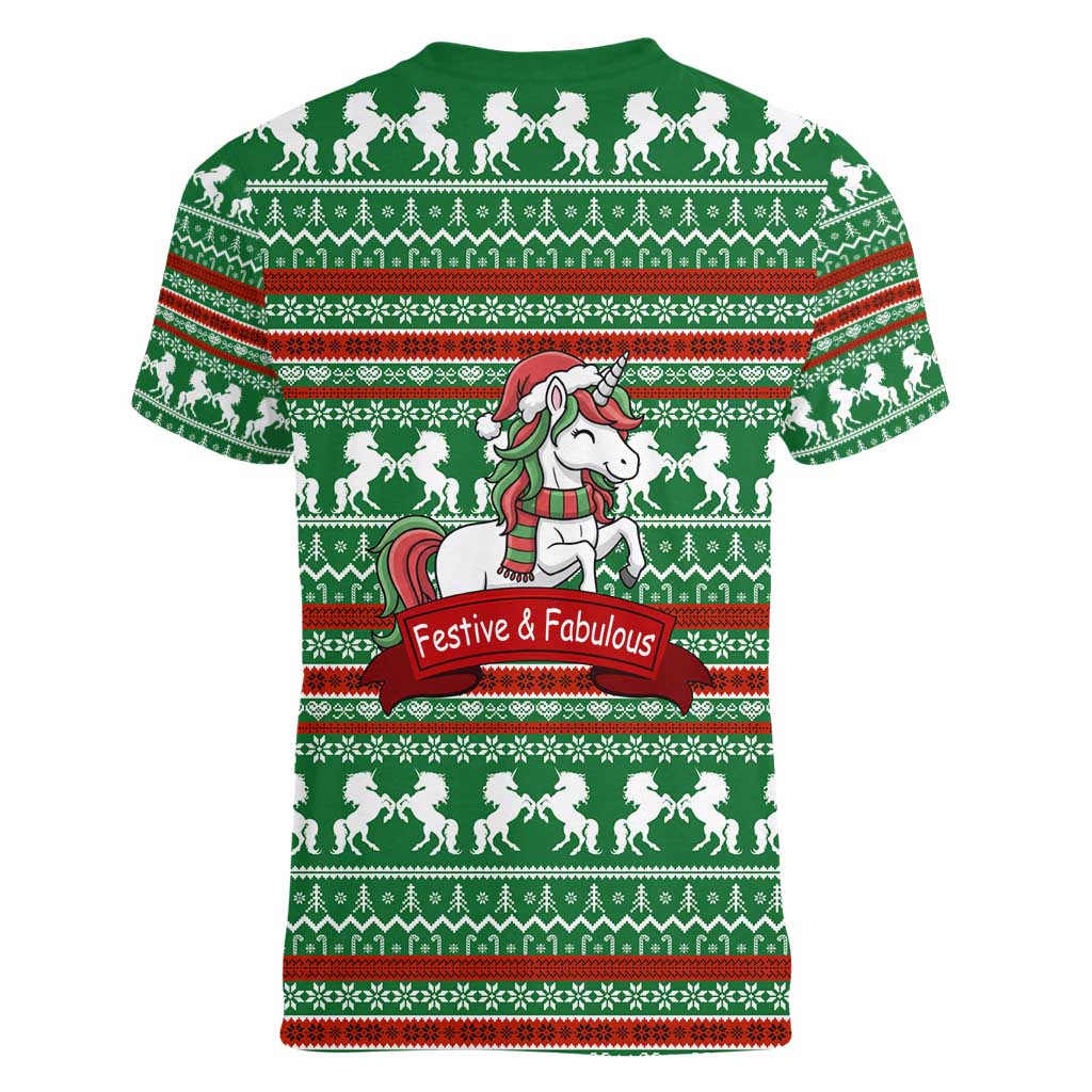 Unicorn Festive Fabulous Christmas Women V-Neck T-Shirt Xmas Holiday Patterns - Wonder Print Shop