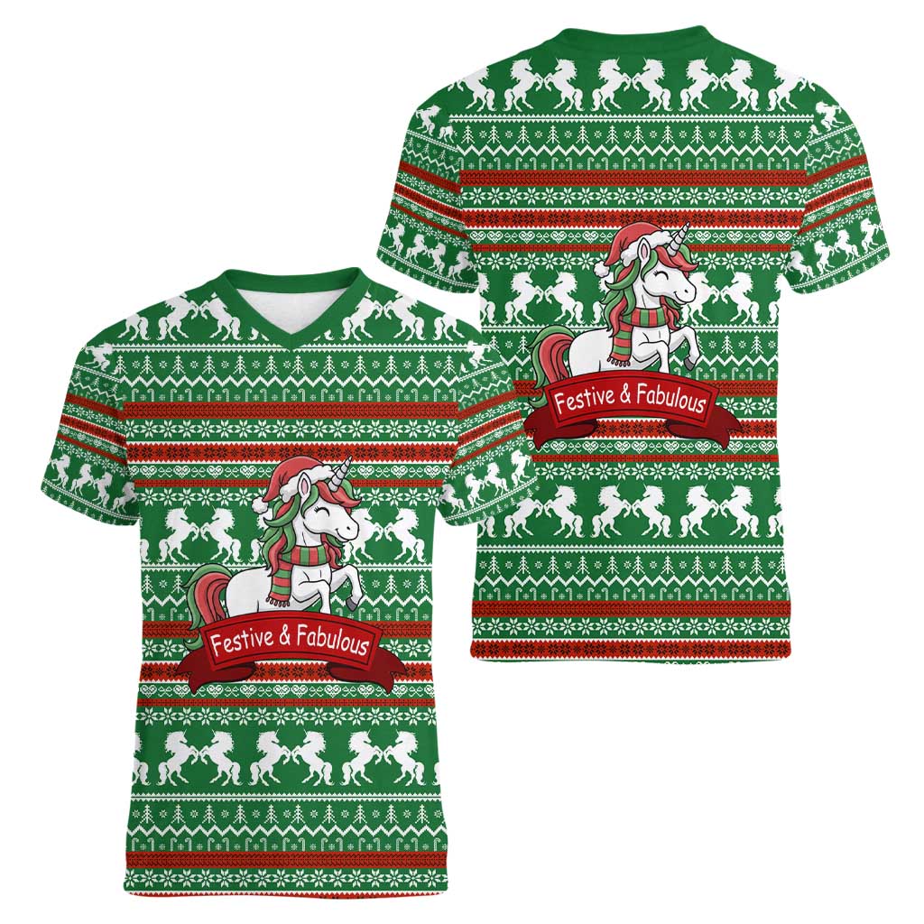 Unicorn Festive Fabulous Christmas Women V-Neck T-Shirt Xmas Holiday Patterns - Wonder Print Shop