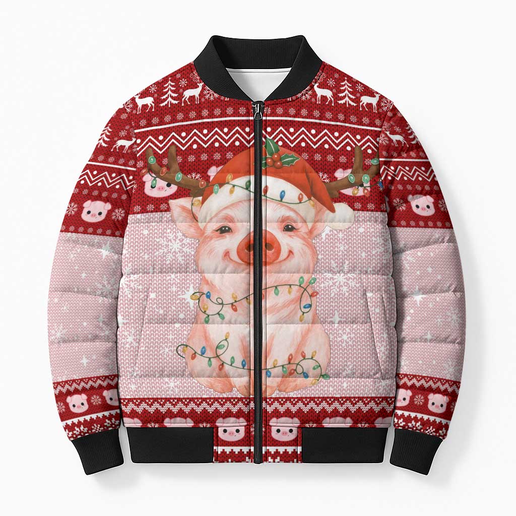 Lovely Pig Merry Christmas Bomber Puffer Jacket Xmas Holiday Patterns - Wonder Print Shop