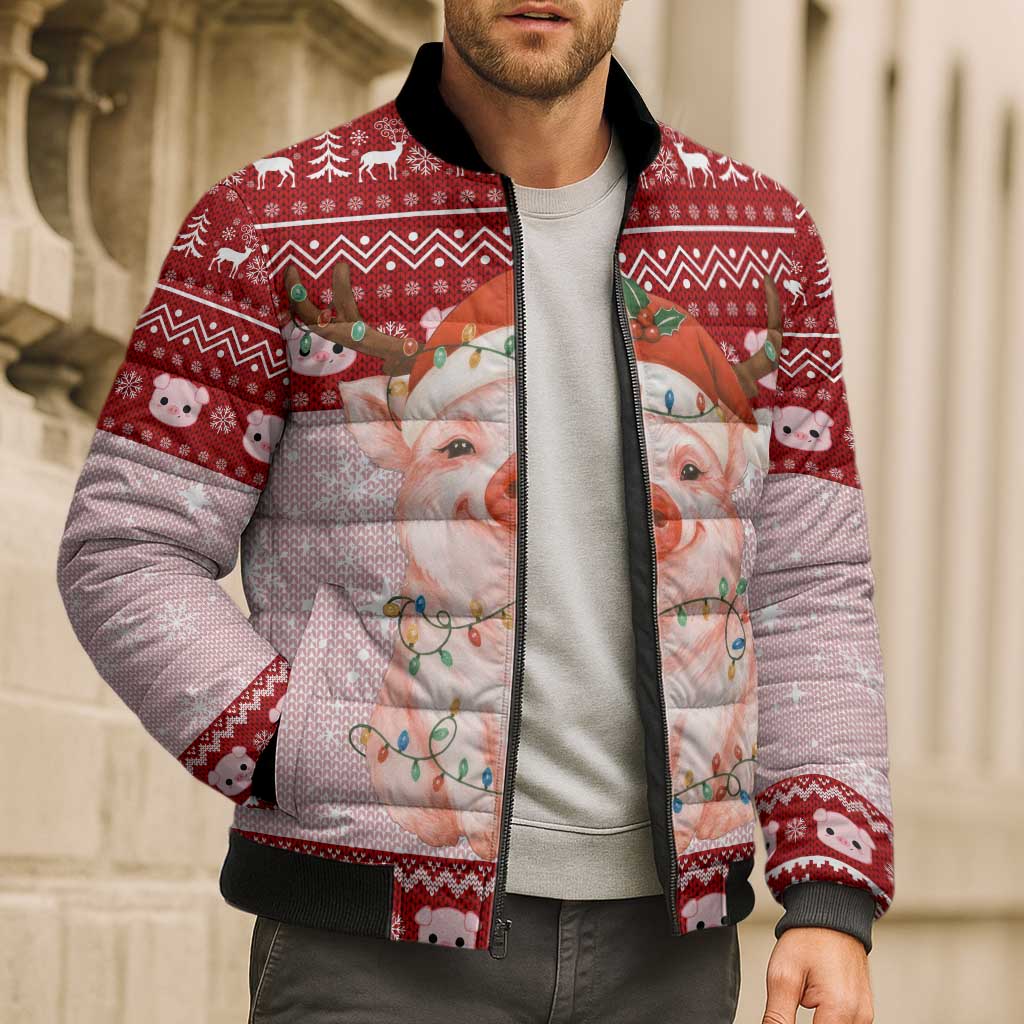 Lovely Pig Merry Christmas Bomber Puffer Jacket Xmas Holiday Patterns - Wonder Print Shop