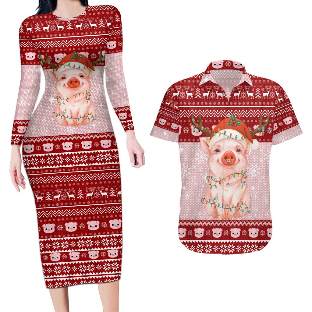 Lovely Pig Merry Christmas Couples Matching Long Sleeve Bodycon Dress and Hawaiian Shirt Xmas Holiday Patterns - Wonder Print Shop