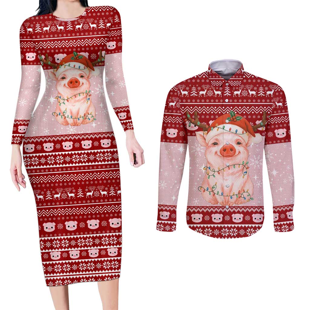 Lovely Pig Merry Christmas Couples Matching Long Sleeve Bodycon Dress and Long Sleeve Button Shirt Xmas Holiday Patterns - Wonder Print Shop