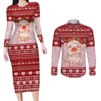 Lovely Pig Merry Christmas Couples Matching Long Sleeve Bodycon Dress and Long Sleeve Button Shirt Xmas Holiday Patterns - Wonder Print Shop