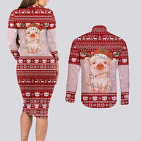 Lovely Pig Merry Christmas Couples Matching Long Sleeve Bodycon Dress and Long Sleeve Button Shirt Xmas Holiday Patterns - Wonder Print Shop