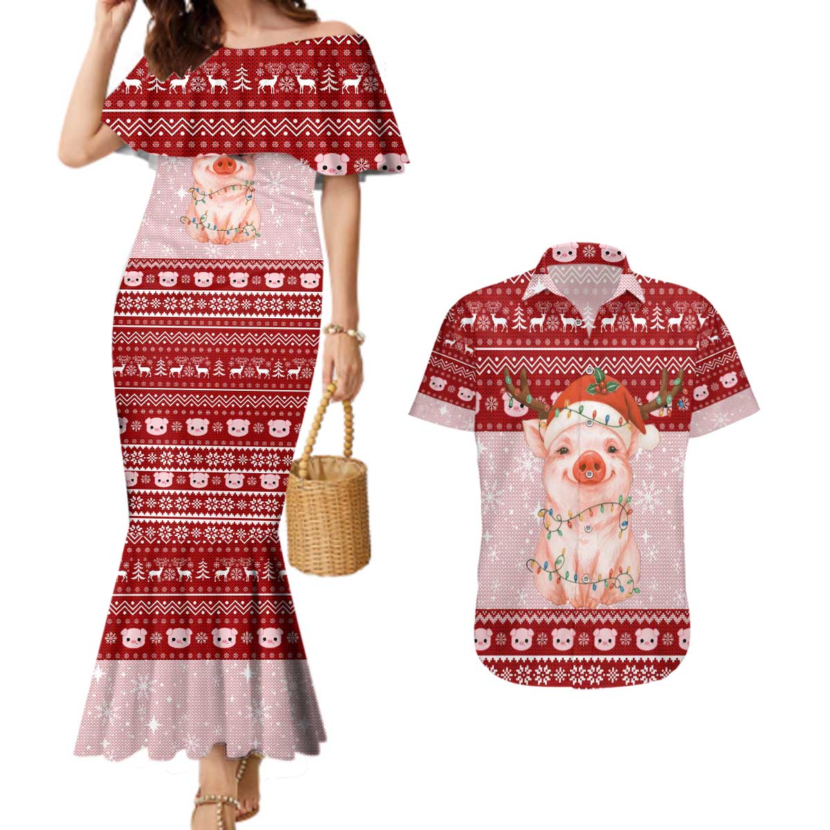 Lovely Pig Merry Christmas Couples Matching Mermaid Dress and Hawaiian Shirt Xmas Holiday Patterns - Wonder Print Shop