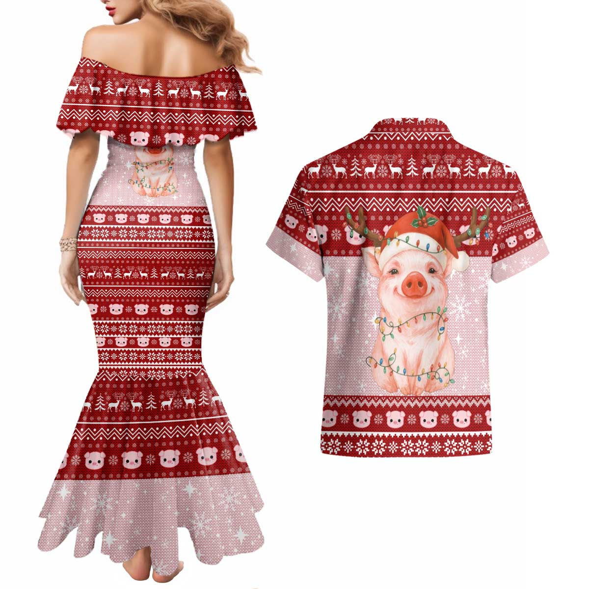 Lovely Pig Merry Christmas Couples Matching Mermaid Dress and Hawaiian Shirt Xmas Holiday Patterns - Wonder Print Shop