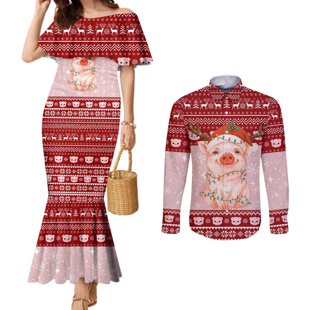 Lovely Pig Merry Christmas Couples Matching Mermaid Dress and Long Sleeve Button Shirt Xmas Holiday Patterns - Wonder Print Shop