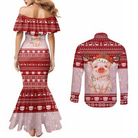 Lovely Pig Merry Christmas Couples Matching Mermaid Dress and Long Sleeve Button Shirt Xmas Holiday Patterns - Wonder Print Shop