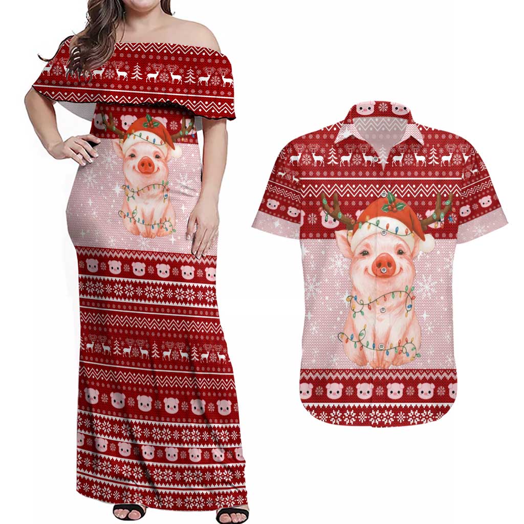 Lovely Pig Merry Christmas Couples Matching Off Shoulder Maxi Dress and Hawaiian Shirt Xmas Holiday Patterns - Wonder Print Shop