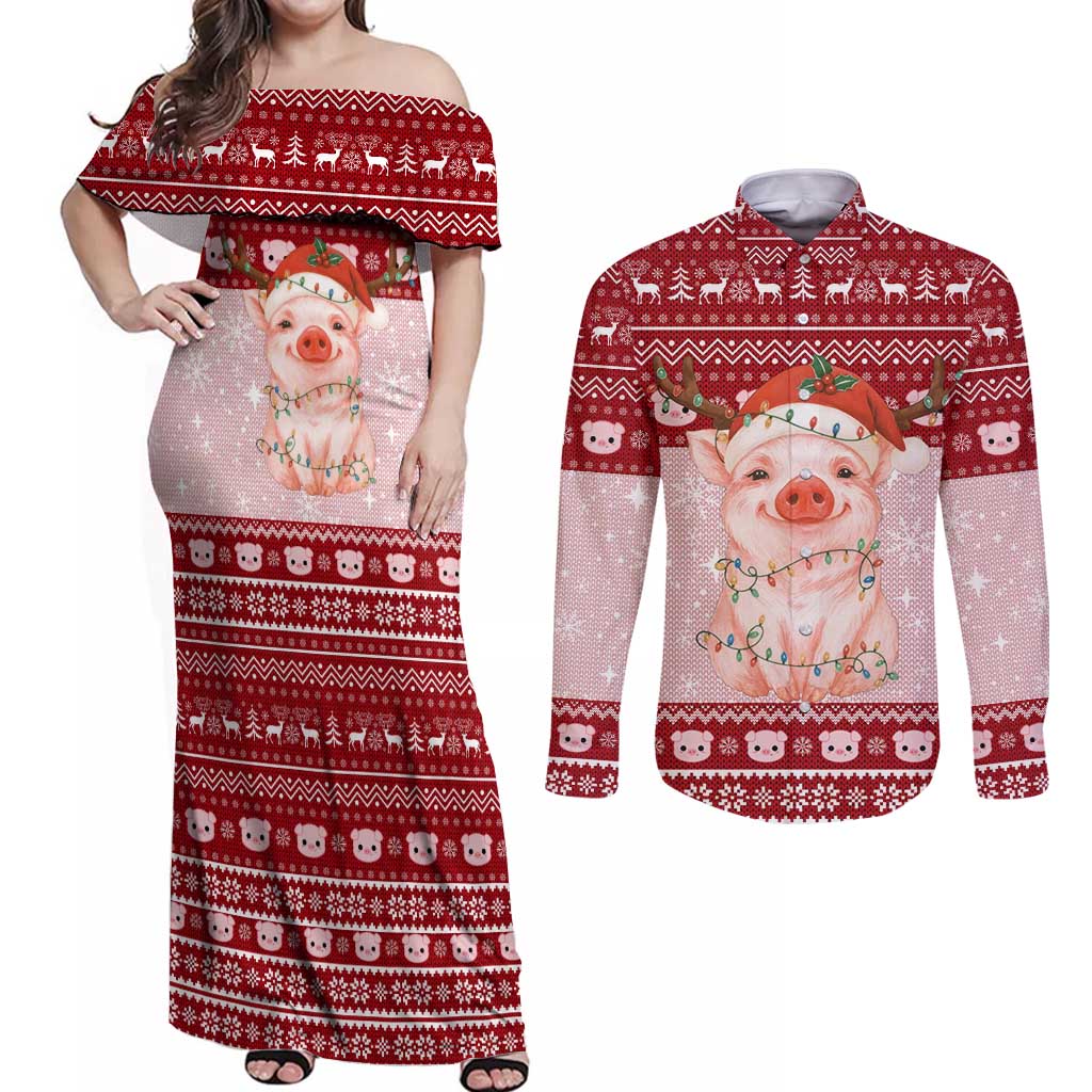 Lovely Pig Merry Christmas Couples Matching Off Shoulder Maxi Dress and Long Sleeve Button Shirt Xmas Holiday Patterns - Wonder Print Shop