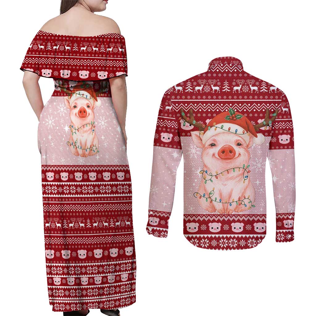 Lovely Pig Merry Christmas Couples Matching Off Shoulder Maxi Dress and Long Sleeve Button Shirt Xmas Holiday Patterns - Wonder Print Shop
