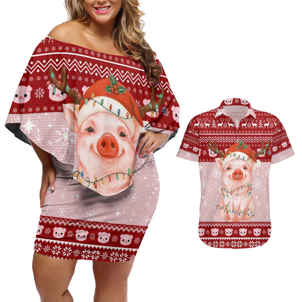 Lovely Pig Merry Christmas Couples Matching Off Shoulder Short Dress and Hawaiian Shirt Xmas Holiday Patterns - Wonder Print Shop