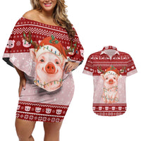 Lovely Pig Merry Christmas Couples Matching Off Shoulder Short Dress and Hawaiian Shirt Xmas Holiday Patterns - Wonder Print Shop