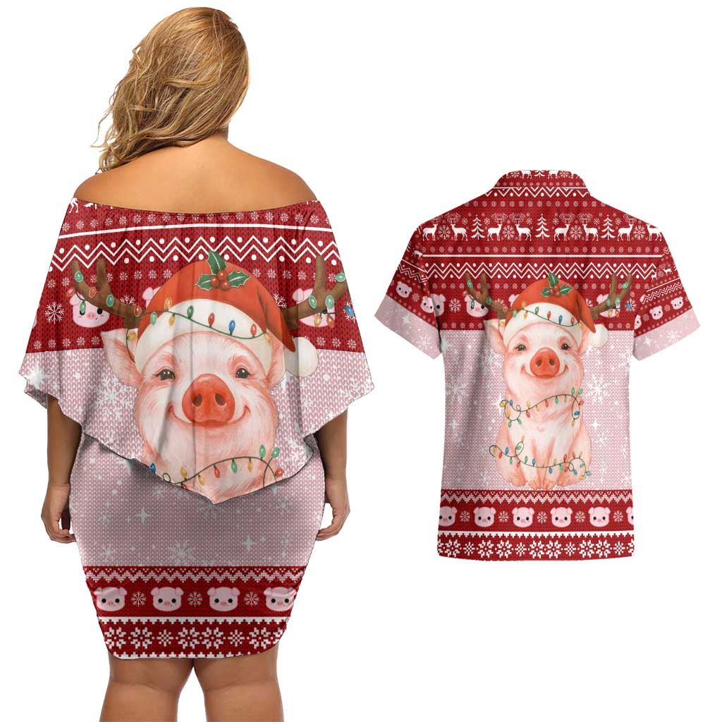 Lovely Pig Merry Christmas Couples Matching Off Shoulder Short Dress and Hawaiian Shirt Xmas Holiday Patterns - Wonder Print Shop