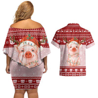 Lovely Pig Merry Christmas Couples Matching Off Shoulder Short Dress and Hawaiian Shirt Xmas Holiday Patterns - Wonder Print Shop