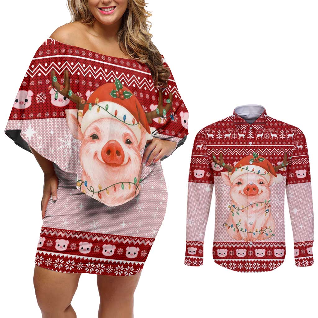 Lovely Pig Merry Christmas Couples Matching Off Shoulder Short Dress and Long Sleeve Button Shirt Xmas Holiday Patterns - Wonder Print Shop