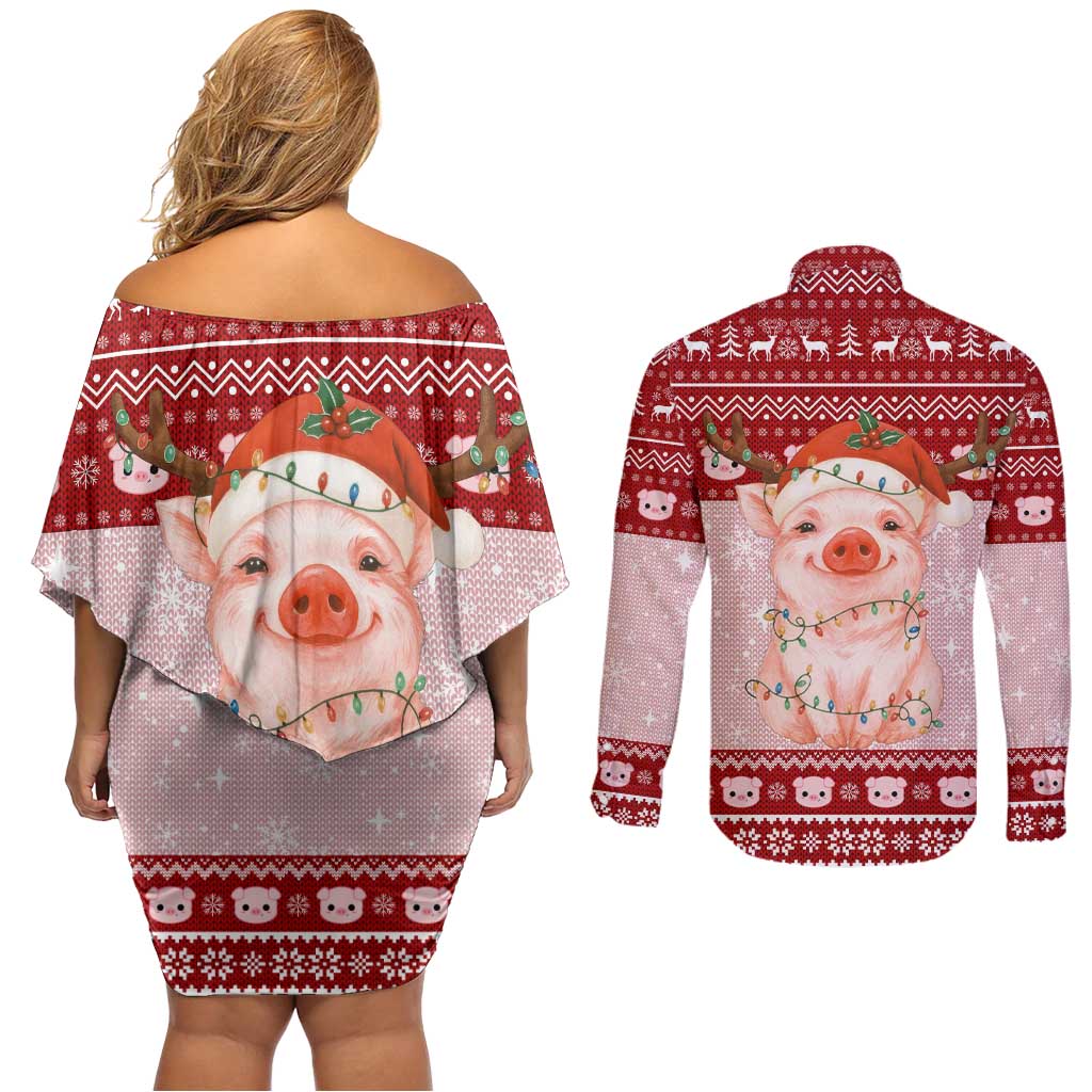 Lovely Pig Merry Christmas Couples Matching Off Shoulder Short Dress and Long Sleeve Button Shirt Xmas Holiday Patterns - Wonder Print Shop
