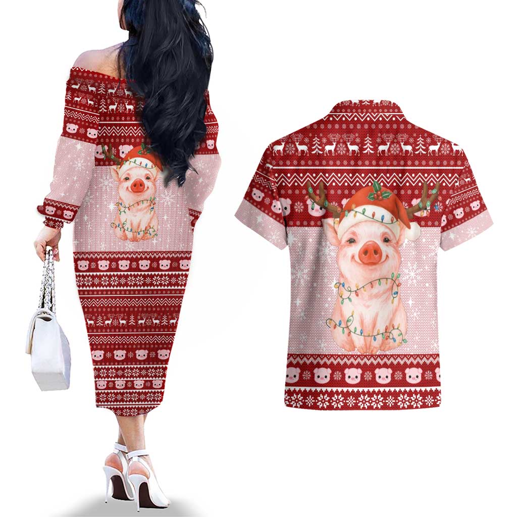 Lovely Pig Merry Christmas Couples Matching Off The Shoulder Long Sleeve Dress and Hawaiian Shirt Xmas Holiday Patterns - Wonder Print Shop