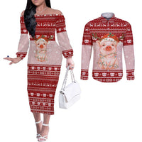 Lovely Pig Merry Christmas Couples Matching Off The Shoulder Long Sleeve Dress and Long Sleeve Button Shirt Xmas Holiday Patterns - Wonder Print Shop